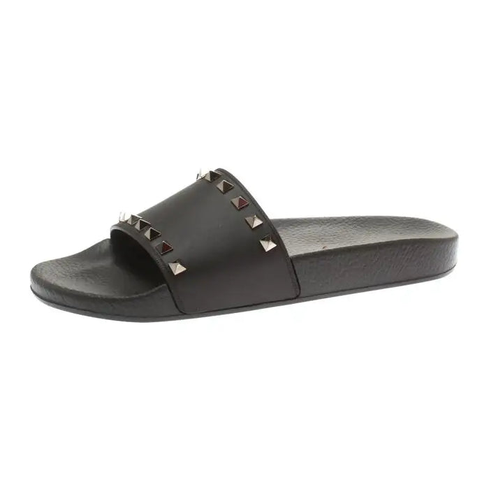 Valentino Black Rubber Rockstud Slide Sandals