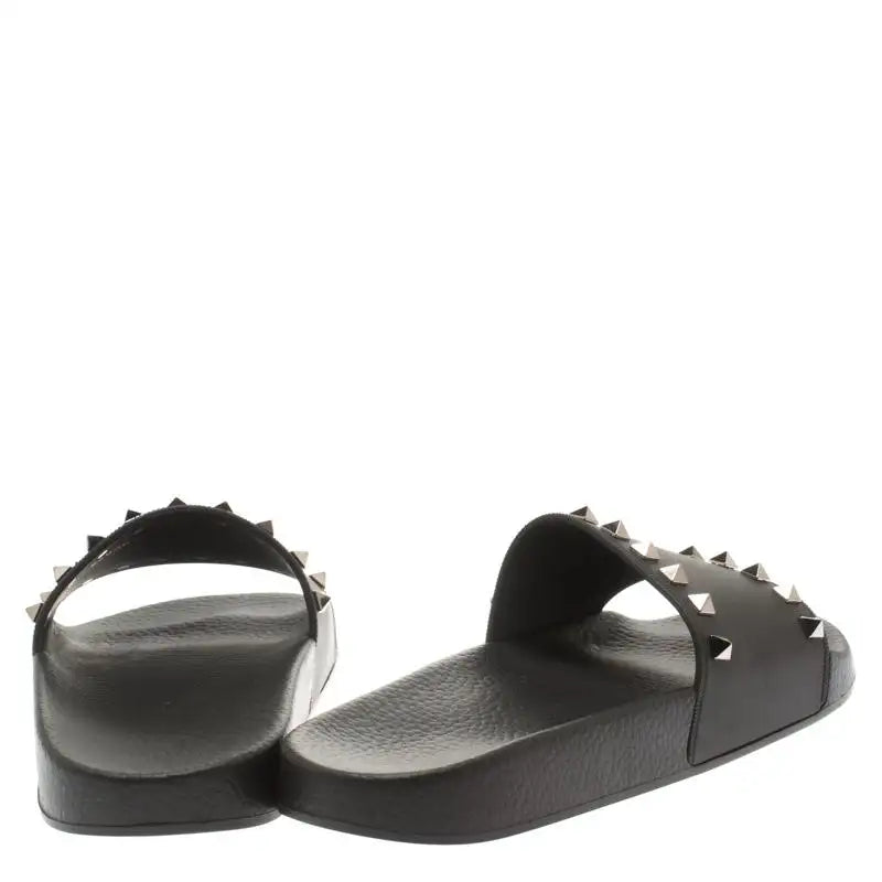Valentino Black Rubber Rockstud Slide Sandals