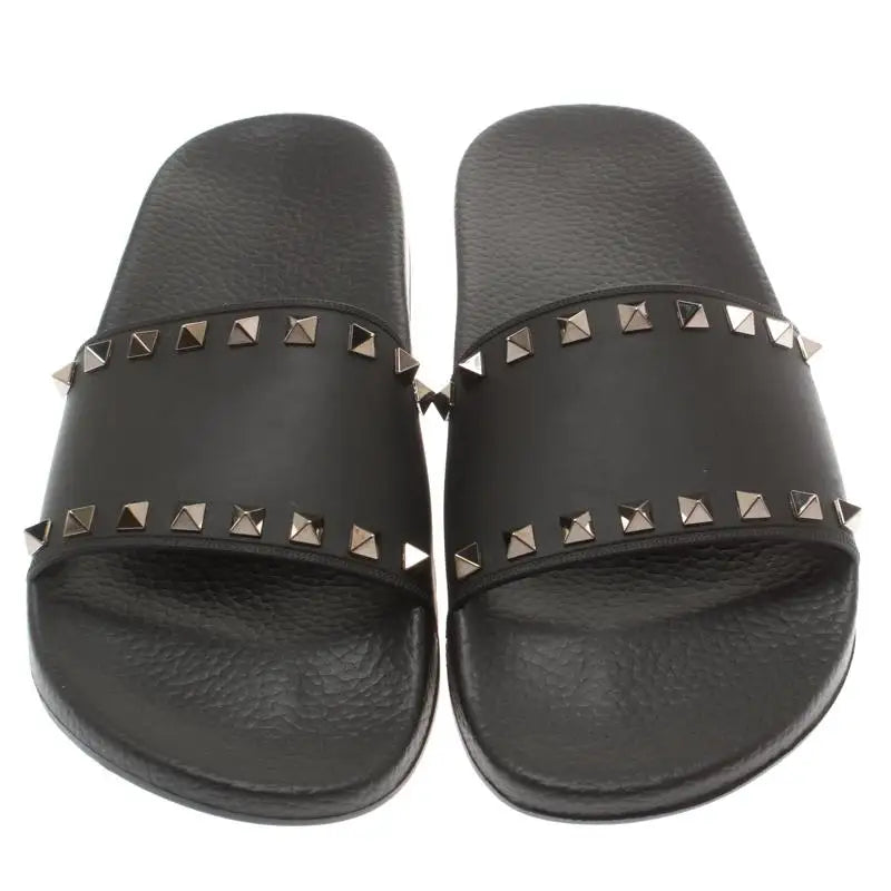 Valentino Black Rubber Rockstud Slide Sandals